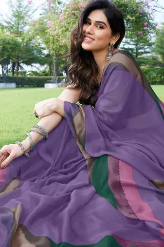 women's solid stripe print chiffon saree -lavender