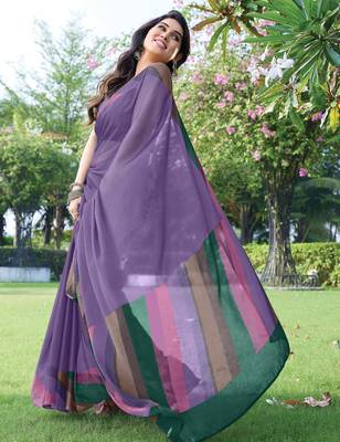 women's solid stripe print chiffon saree -lavender 3