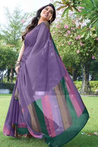 women's solid stripe print chiffon saree -lavender
