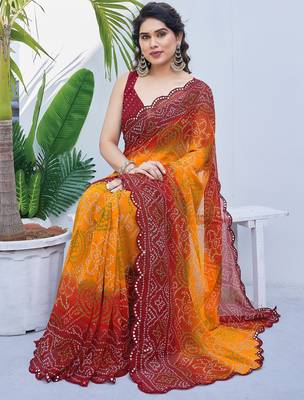 women's badhani print georgette saree -orange 2