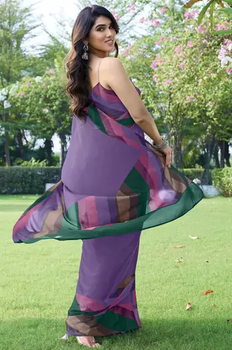 women's solid stripe print chiffon saree -lavender