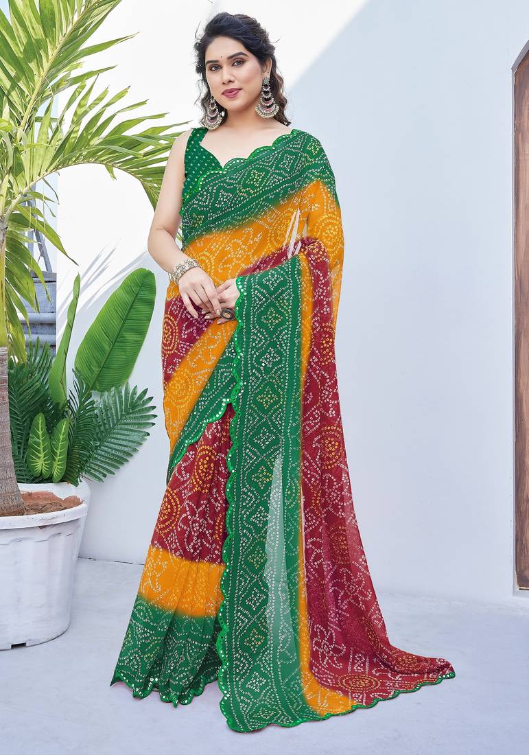women's badhani print georgette saree -green