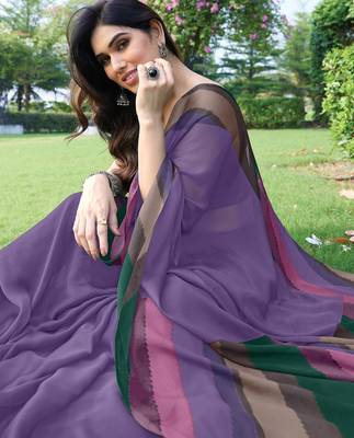 women's solid stripe print chiffon saree -lavender 5