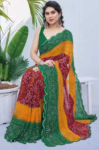 women's badhani print georgette saree -green