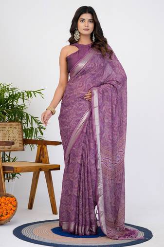 women's floral print georgette saree -lavender