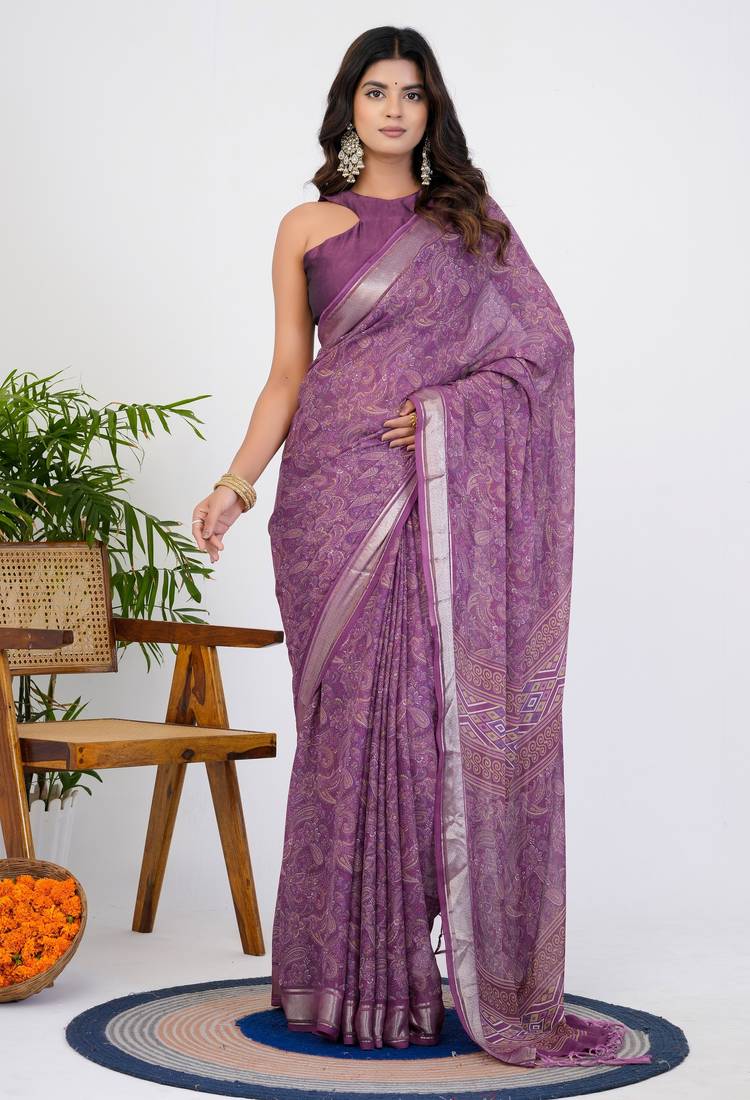 women's floral print georgette saree -lavender