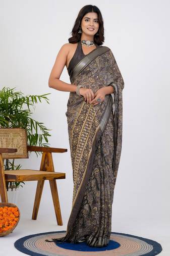 women's floral print georgette saree -brown