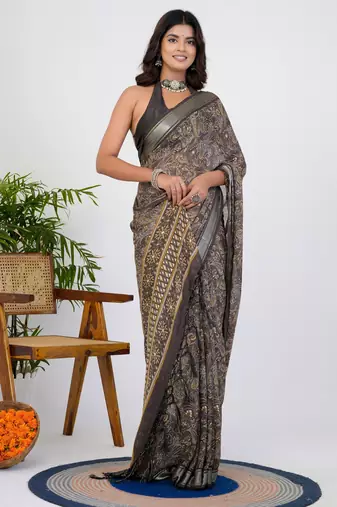 women's floral print georgette saree -brown