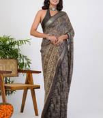 women's floral print georgette saree -brown
