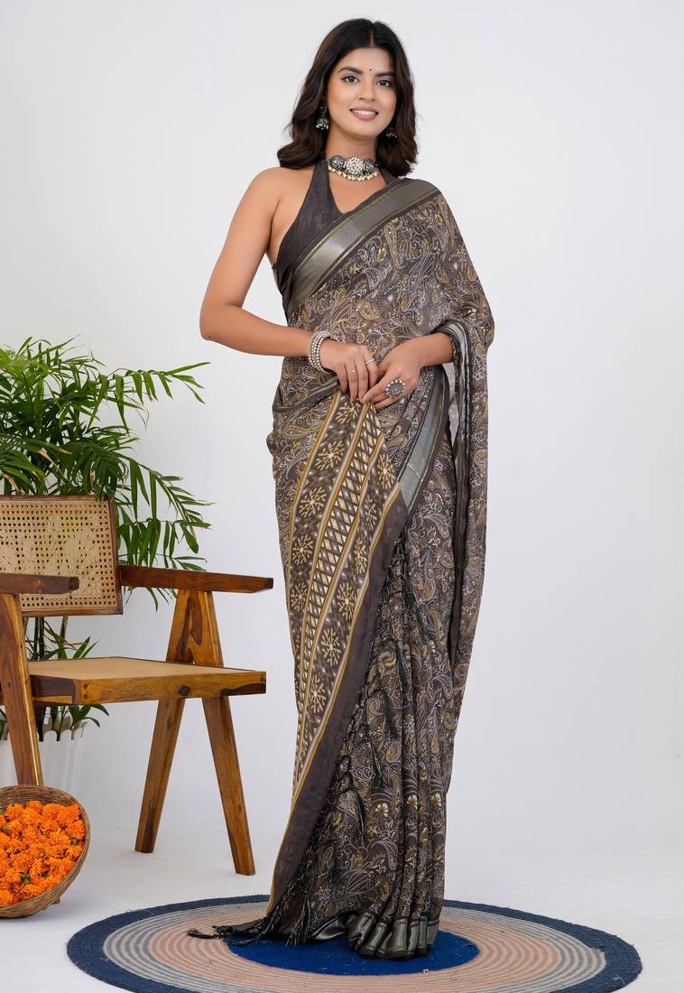 women's floral print georgette saree -brown