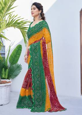 women's badhani print georgette saree -green 3