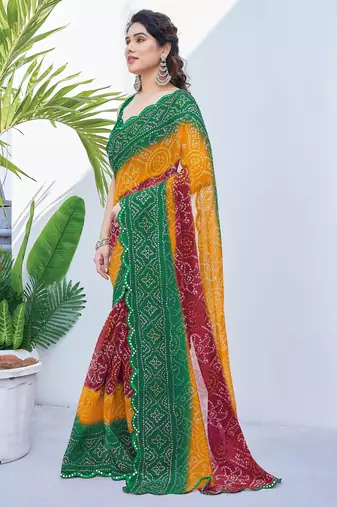 women's badhani print georgette saree -green