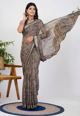 women's floral print georgette saree -brown 2