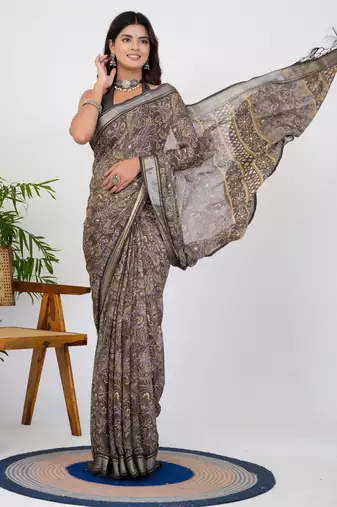 women's floral print georgette saree -brown