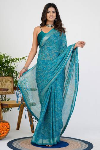 women's floral print georgette saree -blue