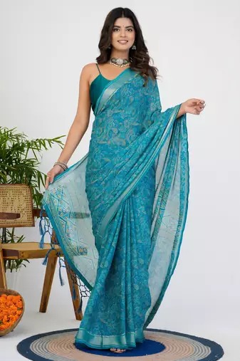 women's floral print georgette saree -blue