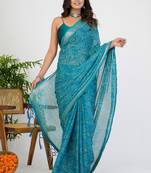 women's floral print georgette saree -blue