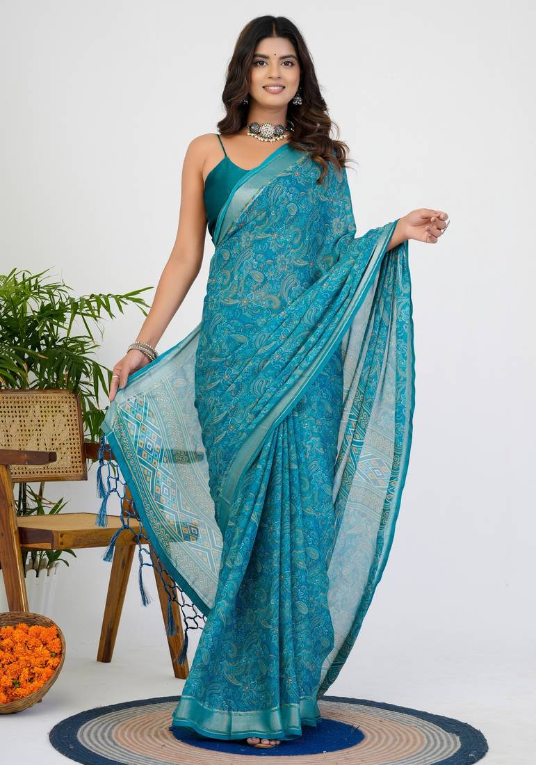 women's floral print georgette saree -blue