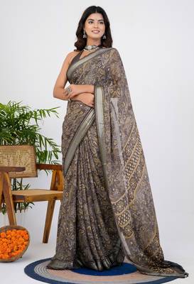women's floral print georgette saree -brown 3