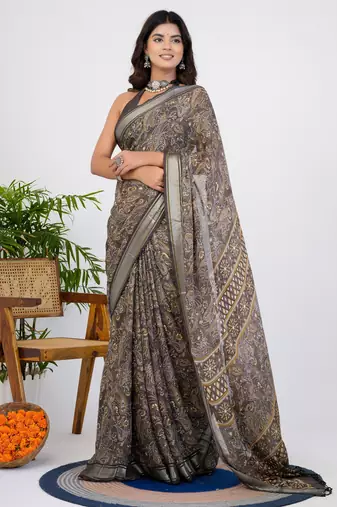 women's floral print georgette saree -brown