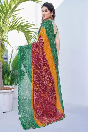 women's badhani print georgette saree -green