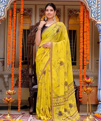 women's floral print georgette saree -yellow 1
