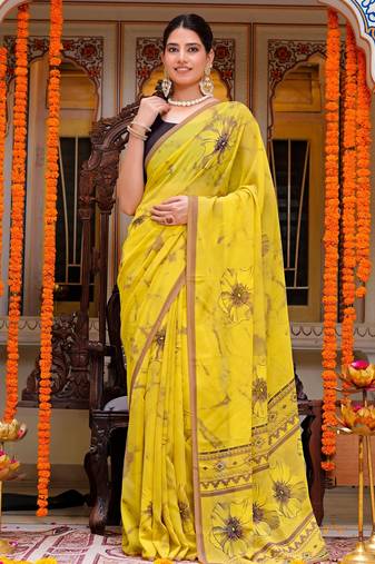 women's floral print georgette saree -yellow
