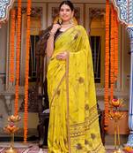 women's floral print georgette saree -yellow