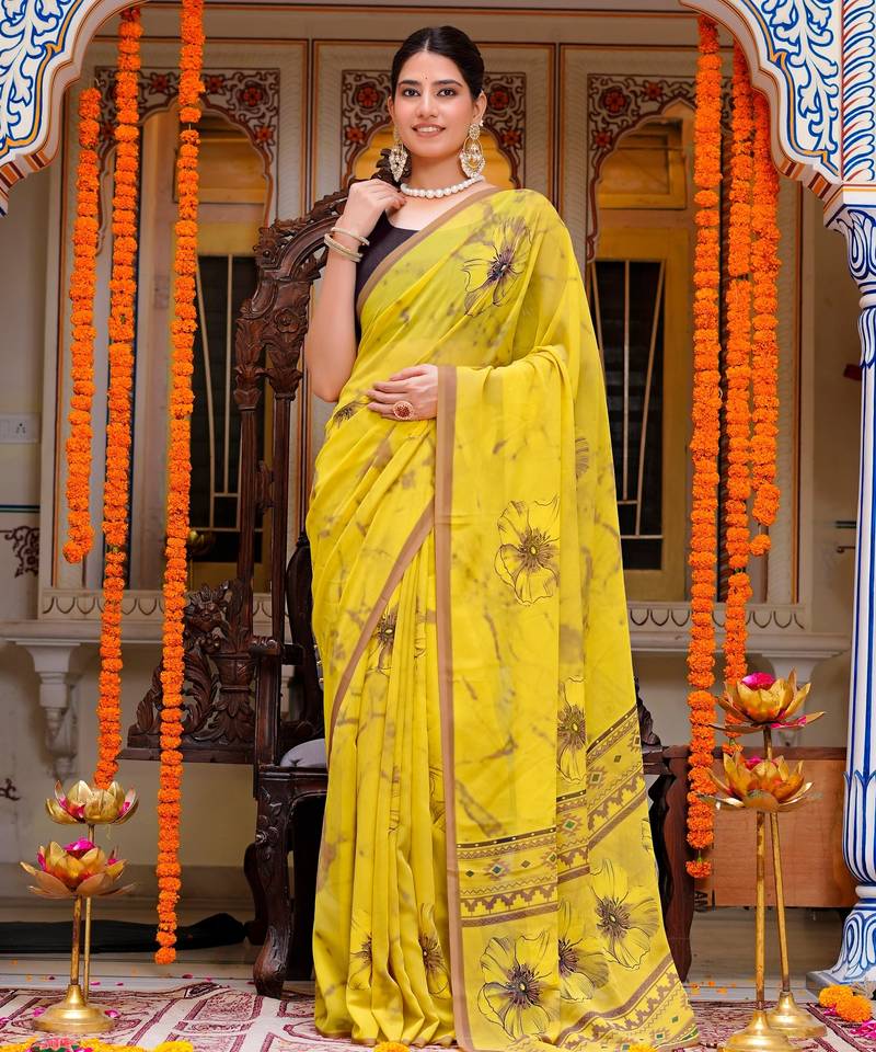 women's floral print georgette saree -yellow