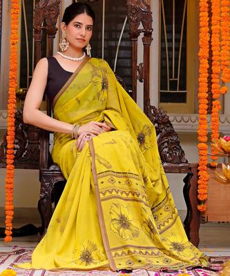 women's floral print georgette saree -yellow 2