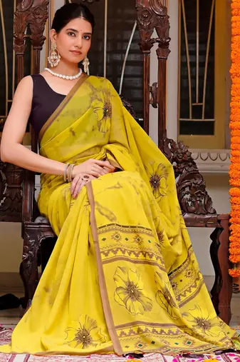 women's floral print georgette saree -yellow