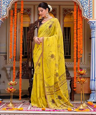 women's floral print georgette saree -yellow 3
