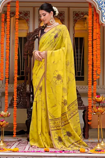 women's floral print georgette saree -yellow