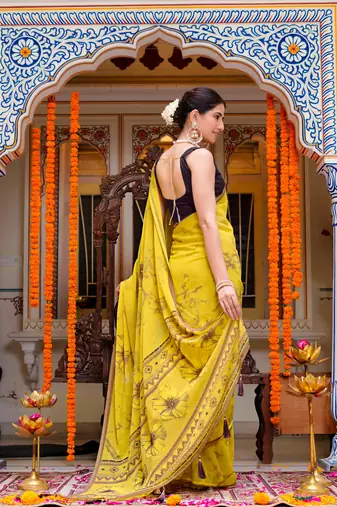 women's floral print georgette saree -yellow
