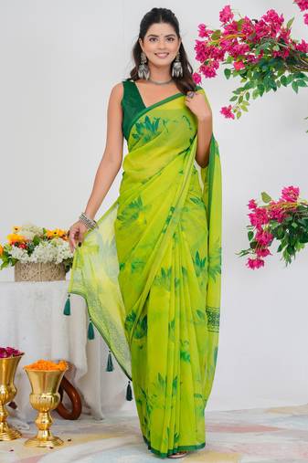 women's floral print georgette saree -yellow