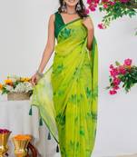 women's floral print georgette saree -yellow