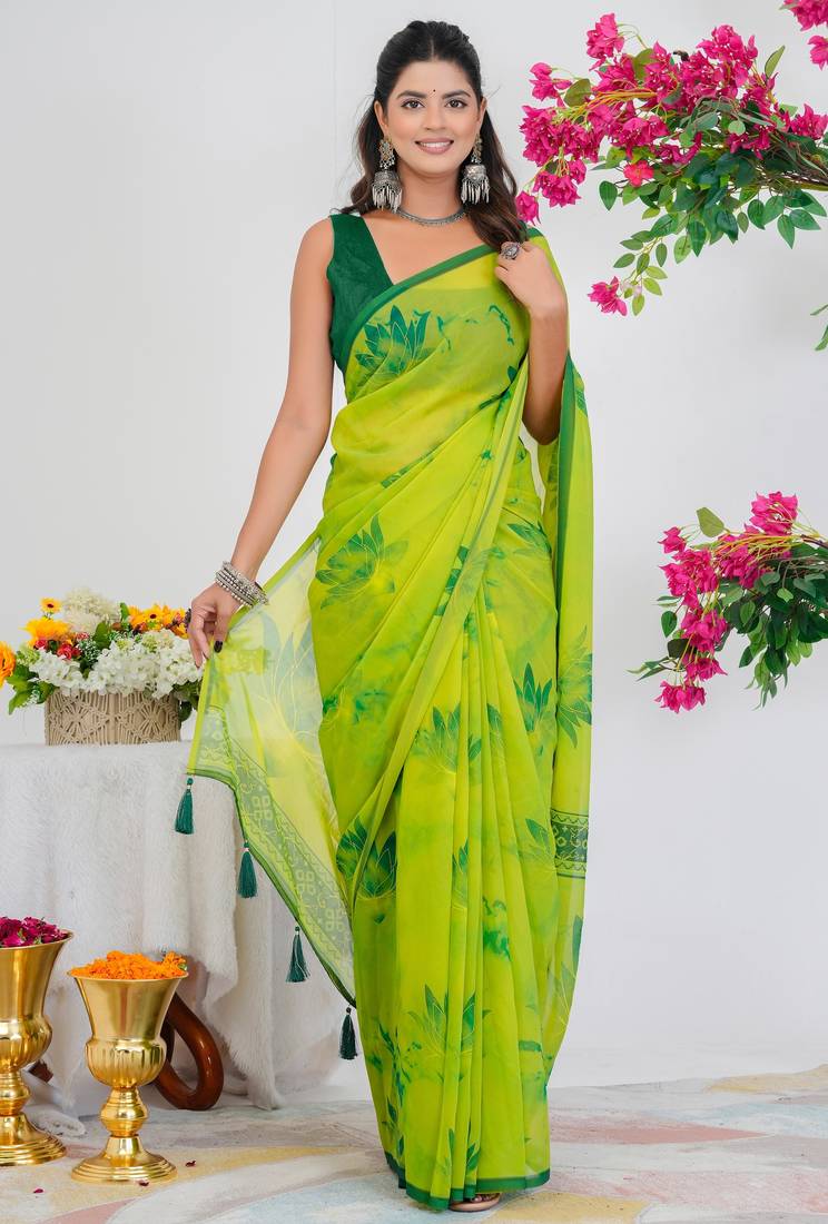 women's floral print georgette saree -yellow