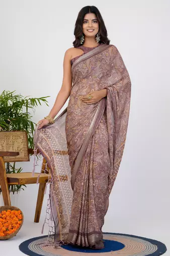 women's floral print georgette saree -pink
