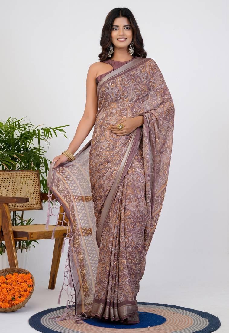 women's floral print georgette saree -pink
