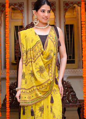 women's floral print georgette saree -yellow 5