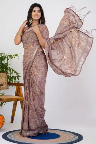 women's floral print georgette saree -pink