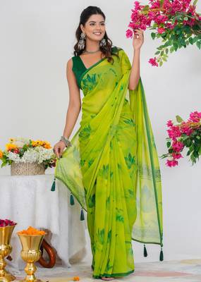 women's floral print georgette saree -yellow 2