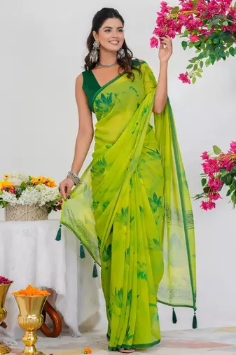 women's floral print georgette saree -yellow