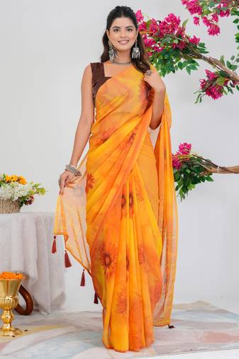 women's floral print georgette saree -yellow