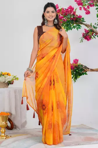 women's floral print georgette saree -yellow