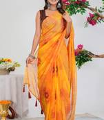 women's floral print georgette saree -yellow