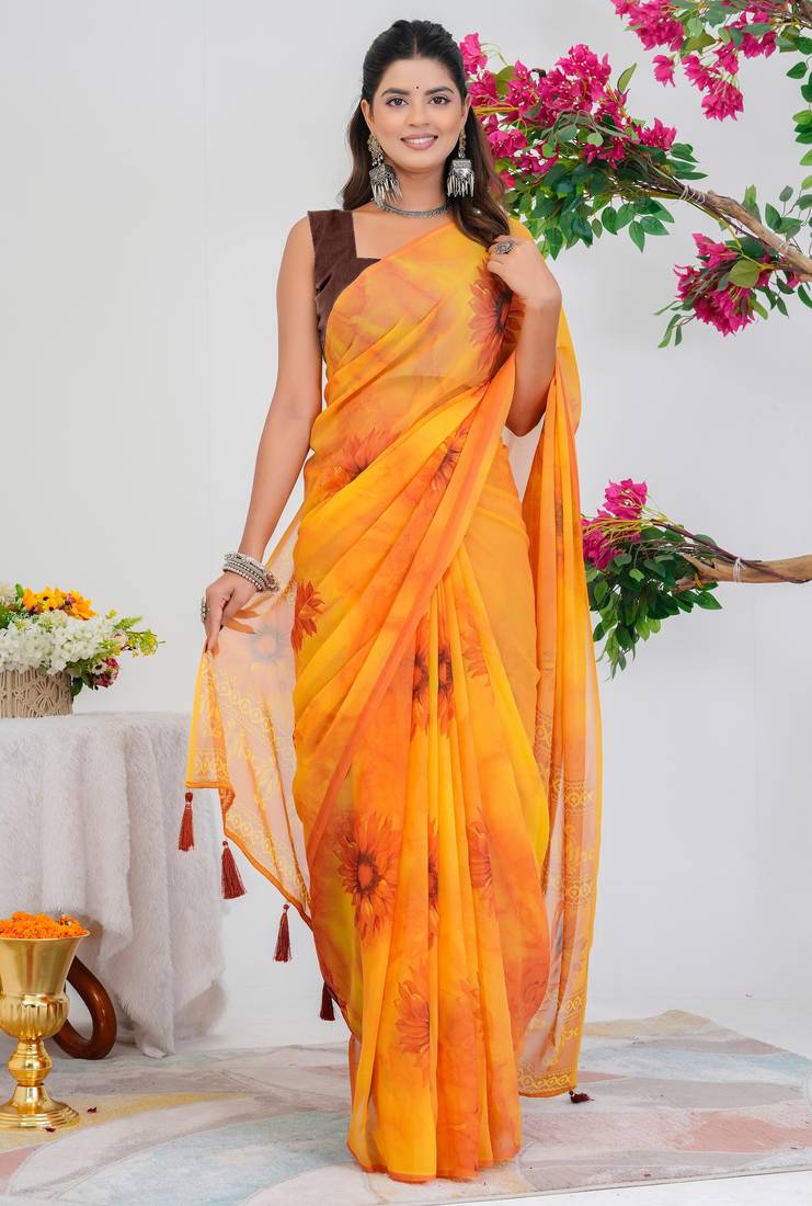 women's floral print georgette saree -yellow