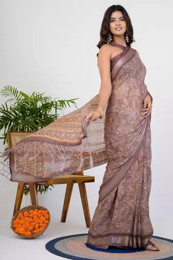 women's floral print georgette saree -pink