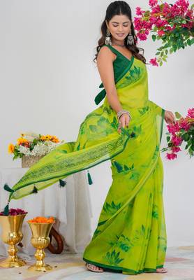 women's floral print georgette saree -yellow 3