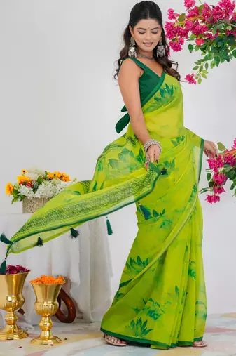 women's floral print georgette saree -yellow